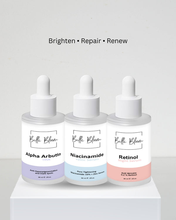 Belle Bloom 3-Step Transformation Kit with Alpha Arbutin, Retinol, and Niacinamide for pigmentation, anti-aging, and skin clarity