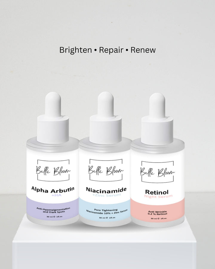 Belle Bloom 3-Step Transformation Kit with Alpha Arbutin, Retinol, and Niacinamide for pigmentation, anti-aging, and skin clarity